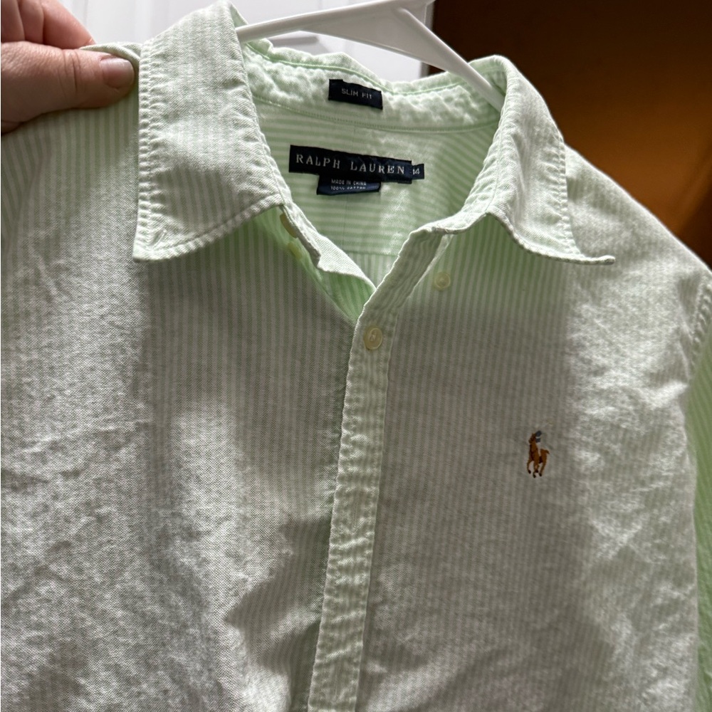 Ralph Lauren woman’s Slim Fit Pale Green Stripe Button-Down Shirt